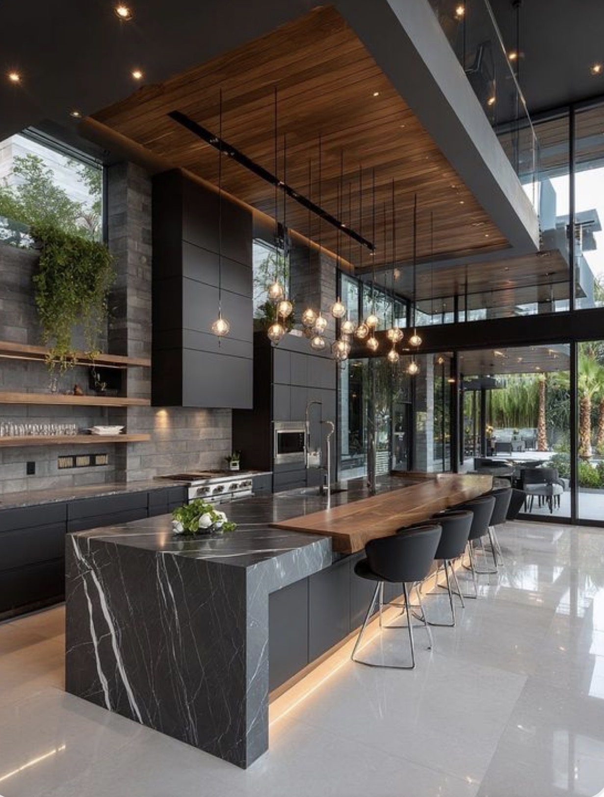 Modern kitchen island with waterfall stone counter and wood ceiling