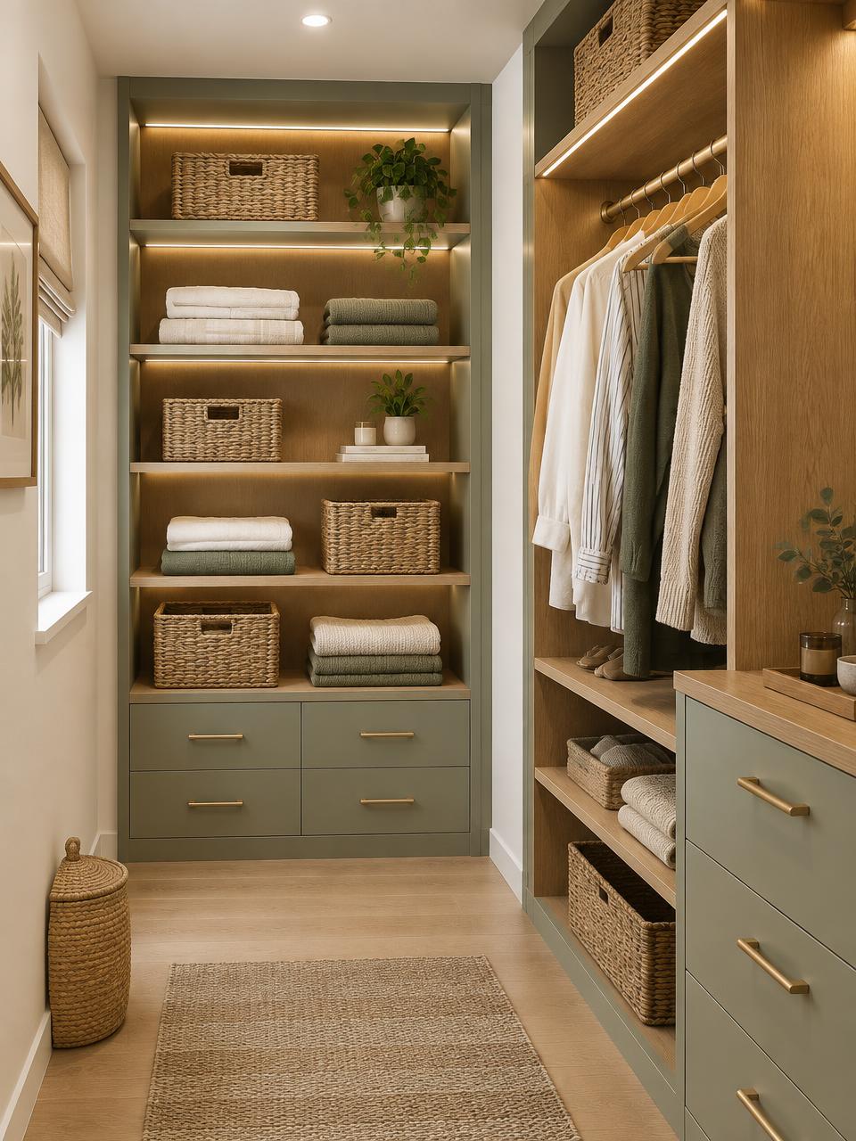 Soft sage green and oak custom closet with LED shelving